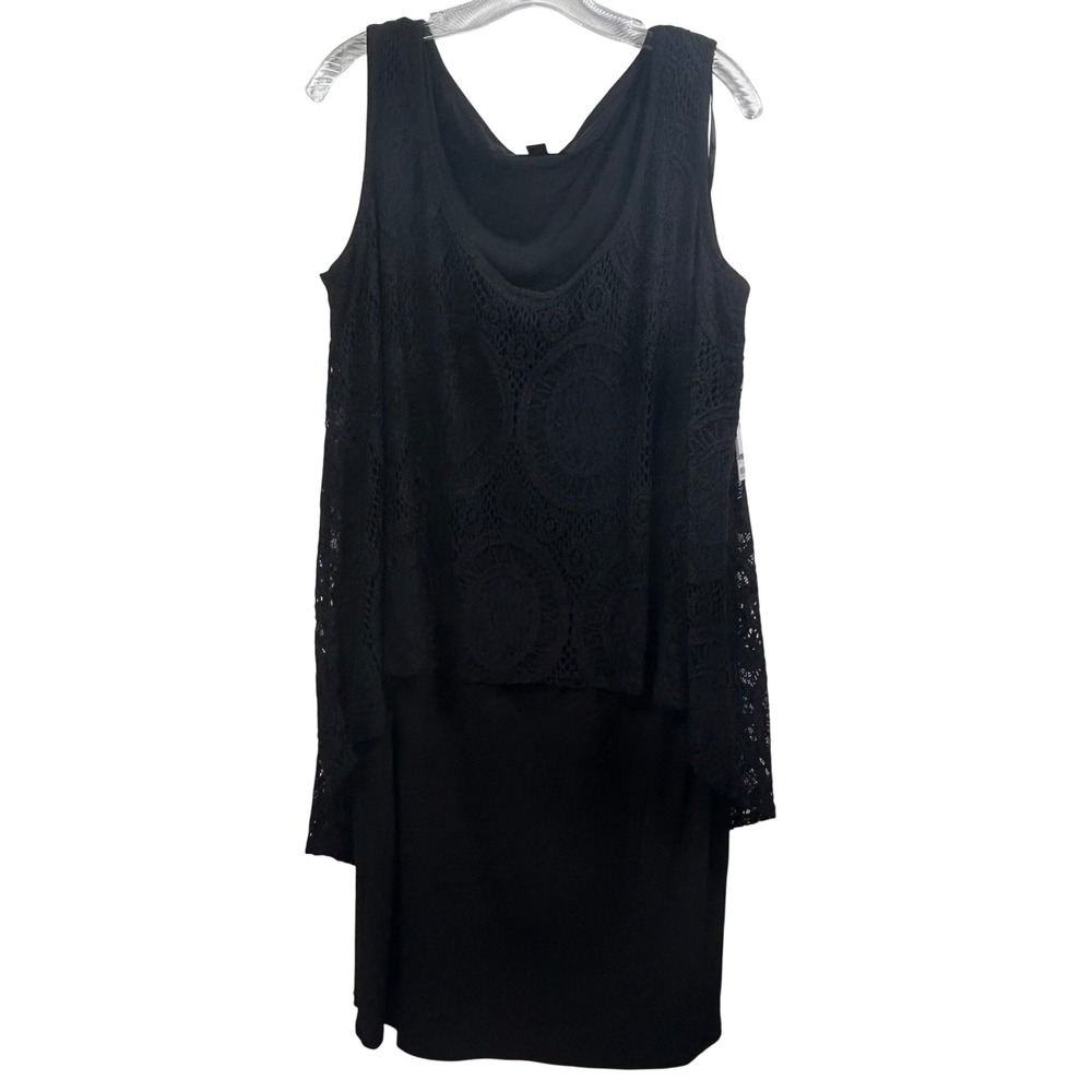 SL Fashions Black Lace Overlay Sheath Dress 14W Sleeveless Tiered 619762M NWT